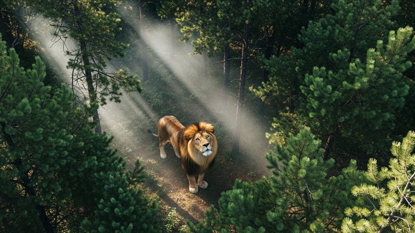 A lion standing among sunlit pine trees